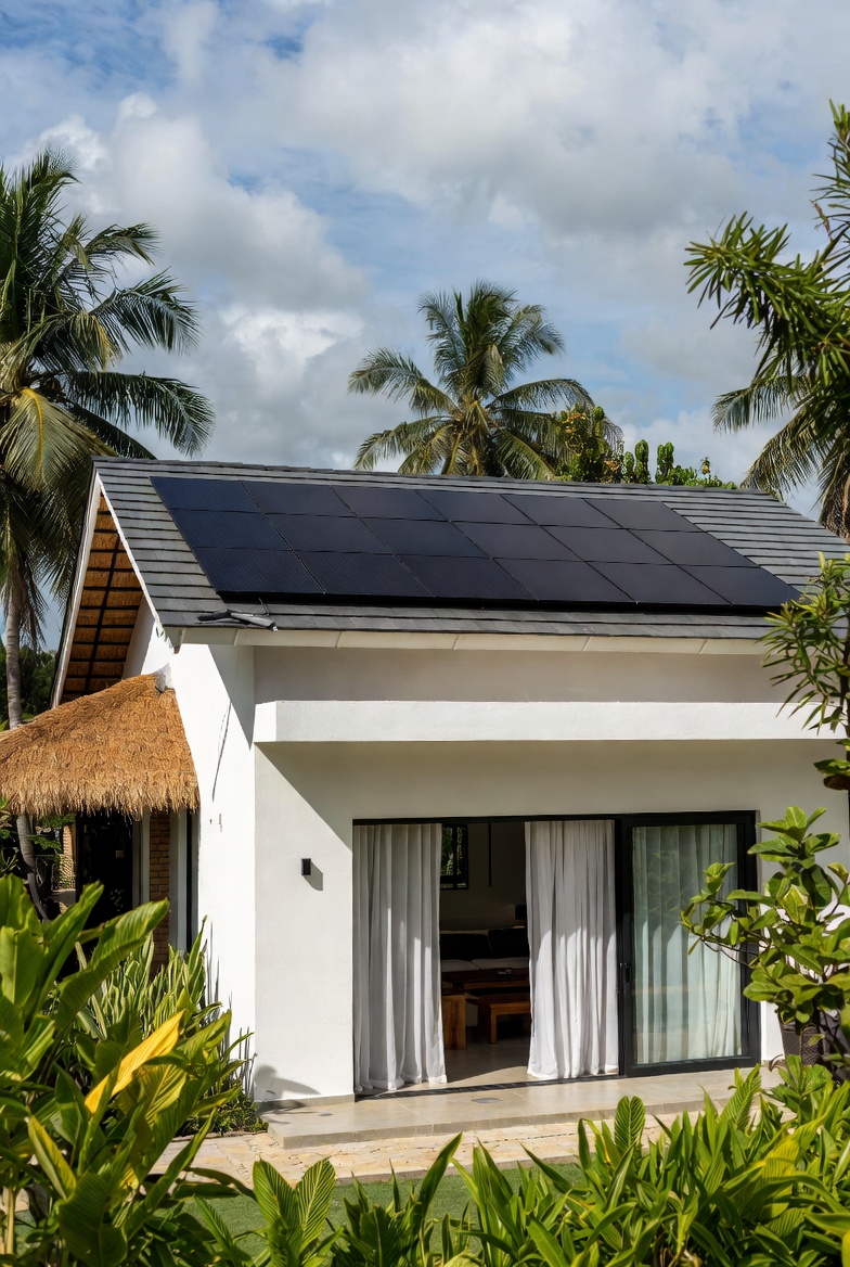 Modern sustainable villa with solar panels